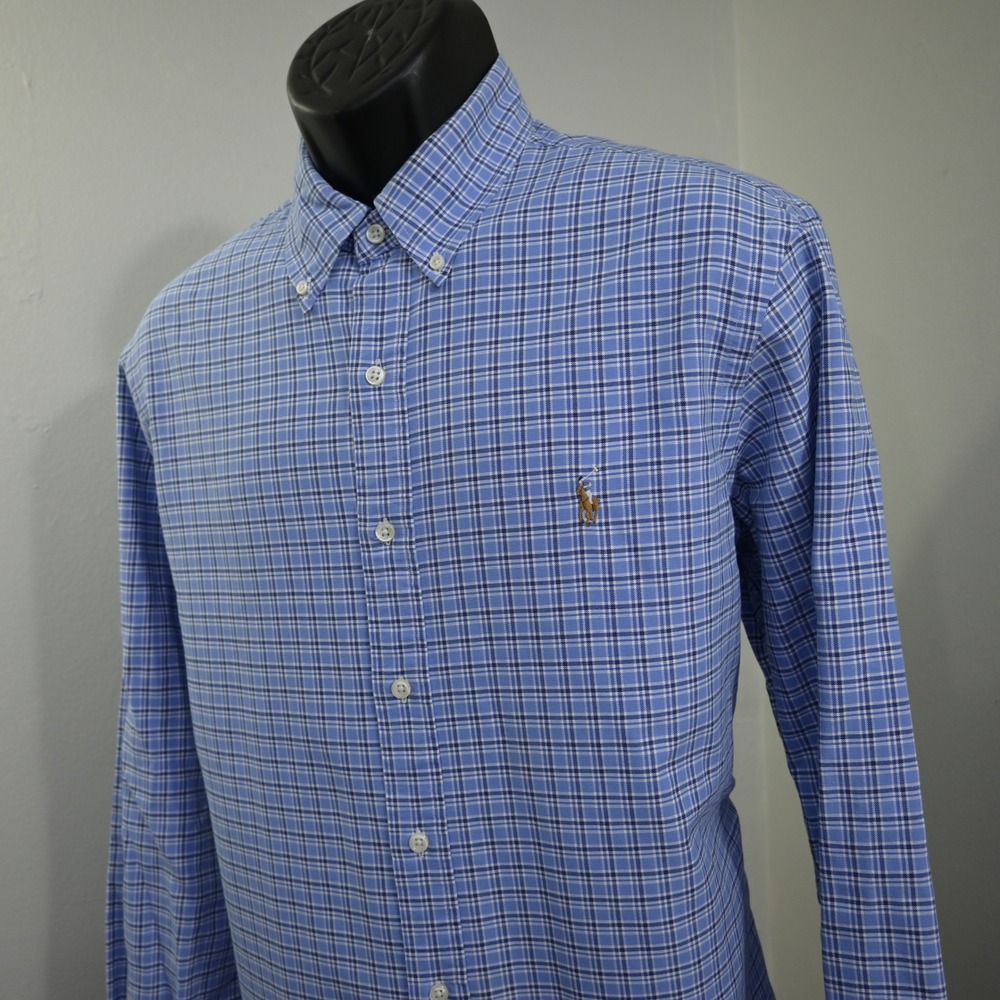 Ralph Lauren Button Up Mens Large Blue Plaid Long Sleeve Pony‎ Logo